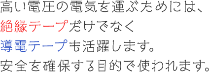 高い電圧の電気を運ぶためには、絶縁テープだけでなく導電テープも活躍します。安全を確保する目的で使われます。