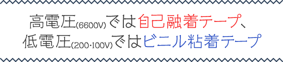 高電圧（6600V）では自己融着テープ、低電圧（200・100V）ではビニル粘着テープ