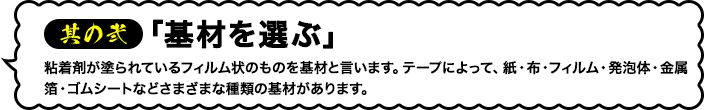 其の弐「基材を選ぶ」粘着剤が塗られているフィルム状のものを基材と言います。テープによって、紙・布・フィルム・発泡体・金属箔・ゴムシートなどさまざまな種類の基材があります