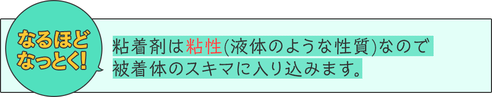 なるほどなっとく！　粘着剤は粘性(液体のような性質)なので被着体のスキマに入り込みます。